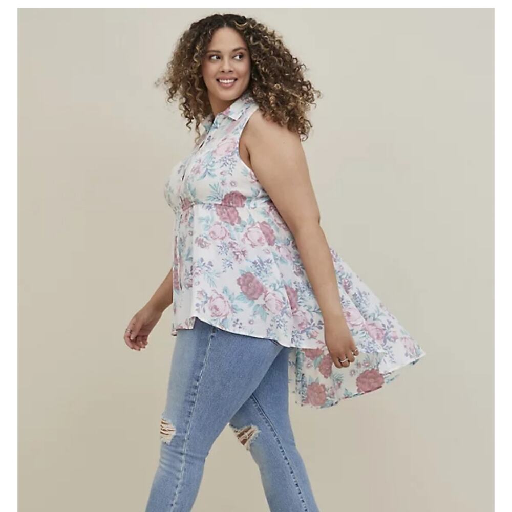 NEW Torrid 1X hi-low baby doll poplin sleeveless collared button floral shirt